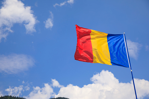 Romanian flag  fluttering in the wind.