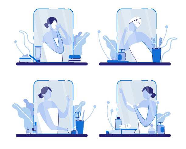 액세서리와 거울 근처 수건을 가진 여자입니다. - human face washing cleaning body care stock illustrations
