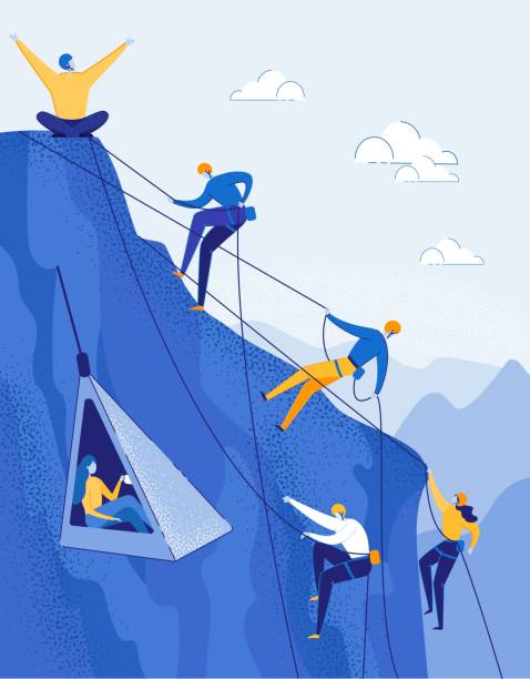 Climbers Group Reaching Mountain Peak Vector. Climbers Group Reaching Peak Flat Cartoon Vector Illustration. Teamwork Concept. People with Equipment Hiking in Mountains. Happy Man Leader on Top. Traveling and Trekking. Taking up Girl. climbing illustrations stock illustrations
