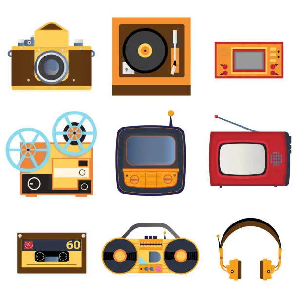 Vector illustration of Retro media icons. Set of vector illustrations on the theme of retro media. TV, record player, set-top box, headphones, magneto in retro style.