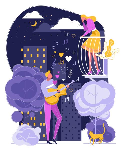 illustrations, cliparts, dessins animés et icônes de l'homme jouent la chanson de chant de guitare à la femme sur le balcon - valentines day romance boyfriend vertical