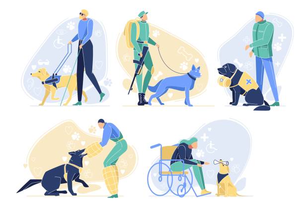 ilustrações de stock, clip art, desenhos animados e ícones de serving dogs with owners set. animals professions - heroes dog pets animal