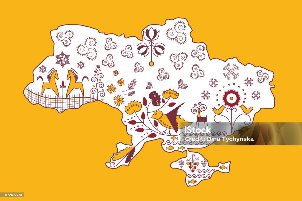우크라이나지도. 행복과 번영의 전통적인 우크라이나어 상징. 노란색 배경입니다. - 로열티 프리 우크라이나 벡터 아트