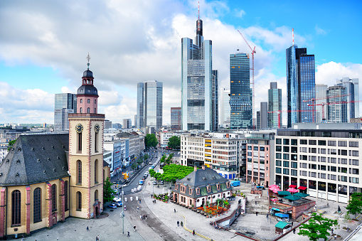 Skyline of business district in Frankfurt Am Main, Germany. Composite photo