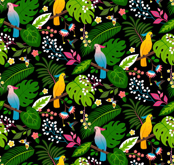 シームレスな熱帯の花柄 - pattern bird seamless backgrounds点のイラスト素材／クリップアート素材／マンガ素材／アイコン素材