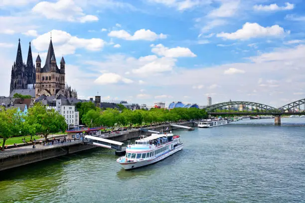 Promenade and Rhine River in Cologne, Germany. Composite photo