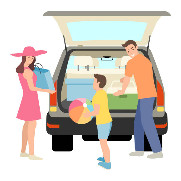 illustrazioni stock, clip art, cartoni animati e icone di tendenza di famiglia che impacchetta le cose nel bagagliaio dell'auto - car family picnic vacations