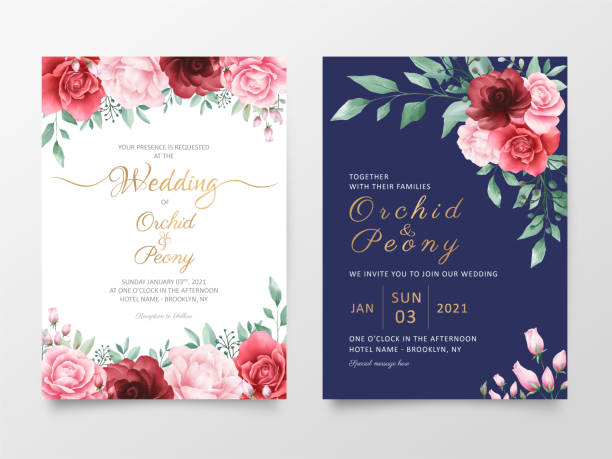 ilustrações, clipart, desenhos animados e ícones de o molde dos cartões do convite do casamento ajustou com aguarela floresce a decoração. editáveis salvar a data, convidar ou cumprimentar, obrigado, rsvp cartões de design de vetor - wedding invitation rose flower floral pattern