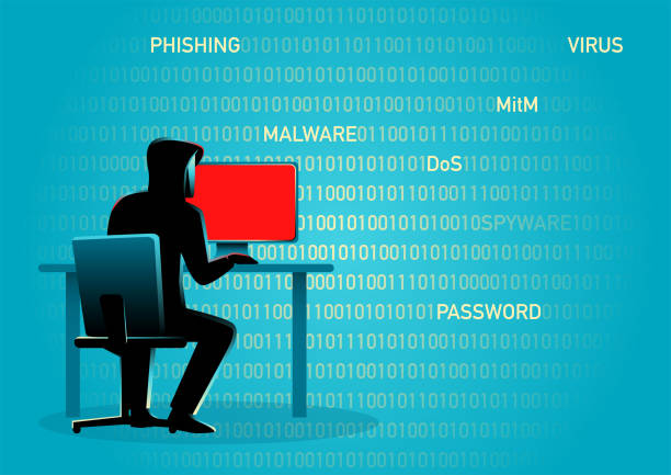 Hacker behind desktop computer Concept illustration of a hacker behind desktop computer pirate criminal illustrations stock illustrations