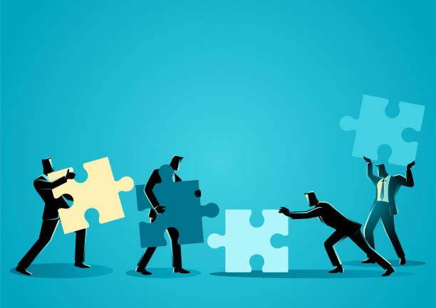 biznesmeni z elementem układanki - solution puzzle strategy jigsaw piece stock illustrations