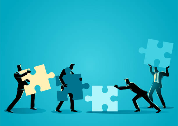 Businessmen with puzzle piece Business concept. Businessmen with puzzle piece. Teamwork, partnership, cooperation concept puzzle silhouettes stock illustrations