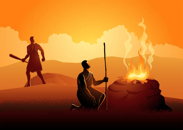 Cain and Abel Biblical vector illustration series. Cain and Abel, God favored Abel's sacrifice instead of Cain's. Cain then murdered Abel farmer son stock illustrations