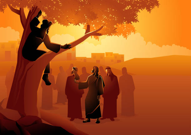 Zacchaeus climbed up into a sycamore tree Biblical vector illustration series, Zacchaeus the tax collector climbed up into a sycamore tree to have a better view of Jesus. tax silhouettes stock illustrations