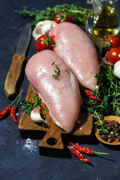 istock raw chicken breast, spices and fresh thyme on a cutting board, vertical top view 1172683250