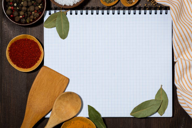 istock open notebook for writing recipes, kitchen spoons and spices wooden background concept 1172683453
