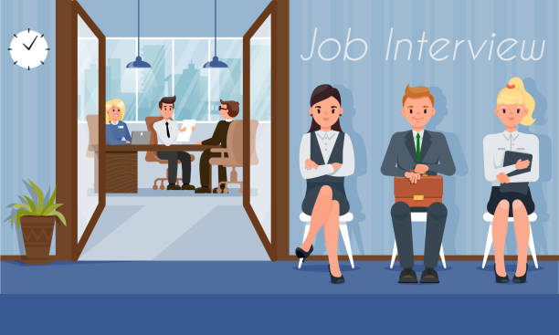 Job Candidates Wait Interview Turn with HR Manager Job Candidates Waiting Turn for Interview with HR Managers in Modern Business Office Interior. Professional Staff Recruiting, Employees hiring and Career Start Up. Trendy Flat Vector Illustration. interview event patterns stock illustrations