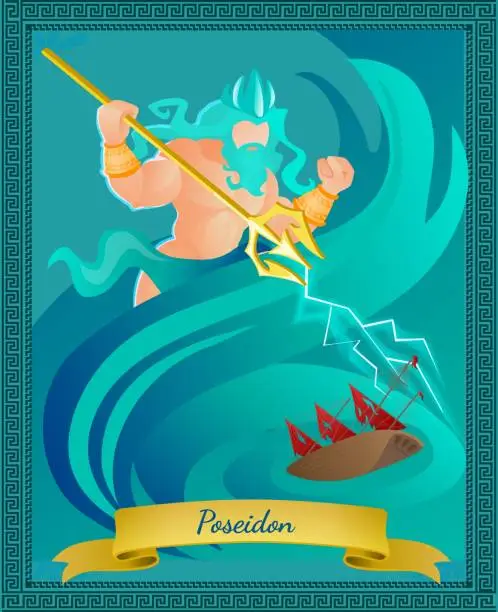 Vector illustration of Ancient Greek God of Sea Waters Poseidon in Crown