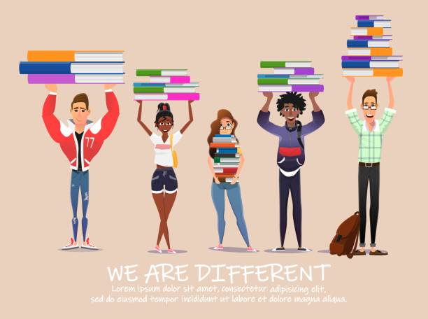 Multiracial Students Holding Books Motivate Poster Cartoon Multiracial People Group. Male Female Teenagers Holding Textbooks Stacks. Education for Everyone. Student Exchange Program. We are Different Wisdom Lettering Poster. Vector Flat Illustration groups of teens stock illustrations