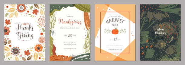 illustrations, cliparts, dessins animés et icônes de cartes de thanksgiving 01 - autumn pumpkin flower food
