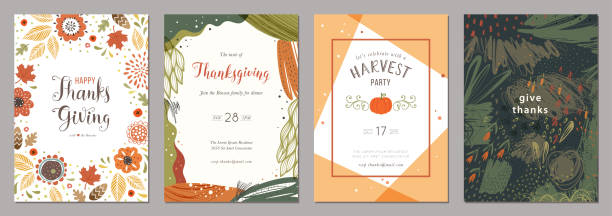 Thanksgiving Cards 01 Thanksgiving greeting cards and invitations. watercolor thanksgiving stock illustrations