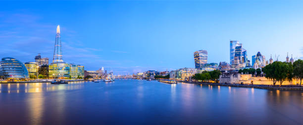 Panoramic View of the River Thames and the City of London Downtown Skyline at Twilight, UK Reflection in the Still Waters of the River Thames 20 fenchurch street photos stock pictures, royalty-free photos & images