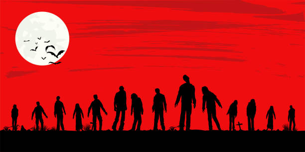 ilustraciones, imágenes clip art, dibujos animados e iconos de stock de silueta de zombies caminando en el cementerio, vector illustration - celebration silhouette back lit sunrise