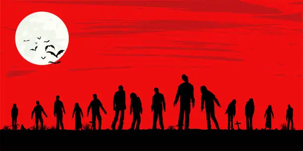Vector illustration of Silhouette of zombies walking at graveyard, Vector Illustration