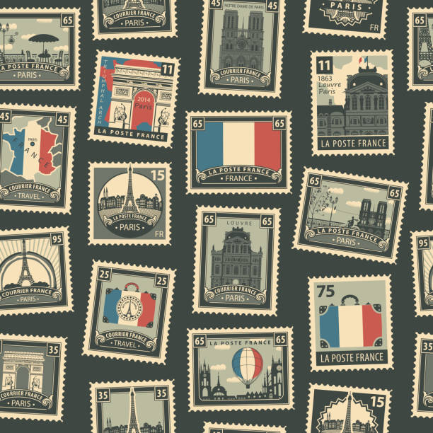 ilustrações de stock, clip art, desenhos animados e ícones de vector seamless pattern with french postage stamps - paris square architecture travel destinations urban scene