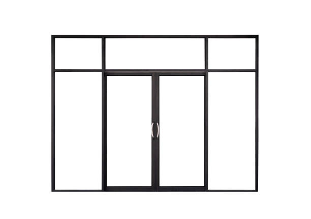 istock Real modern black store front double glass door window frame isolated on white background 1172692944