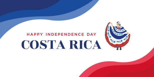 身著當地服飾的哥斯大黎加婦女代表和哥斯大黎加國旗揮舞著，快樂獨立日旗幟，向量 - costa rica 幅插畫檔、美工圖案、卡通及圖標
