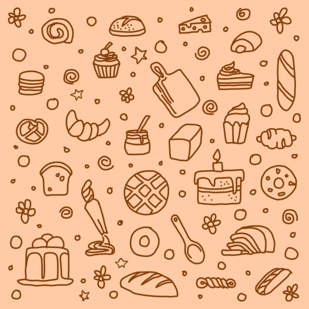 ilustrações de stock, clip art, desenhos animados e ícones de bakery and equipment doodle - coffee bagel donut coffee cup