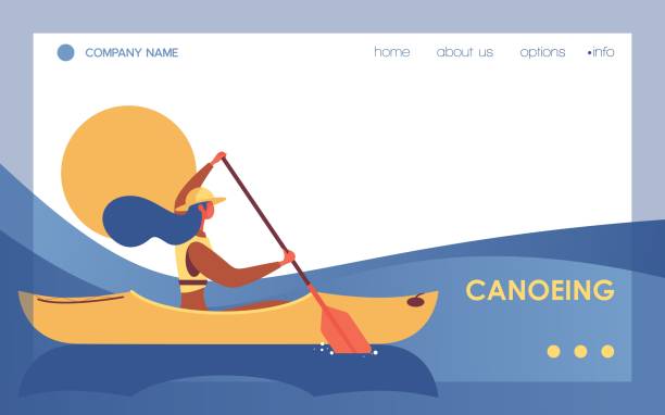 illustrazioni stock, clip art, cartoni animati e icone di tendenza di donna in canoa nel modello di pagina di destinazione del fiume o del lago. banner vettoriale con onda blu e carattere piatto buono per la scuola di kayak o l'attività ricreativa all'aperto con canoa - canoeing