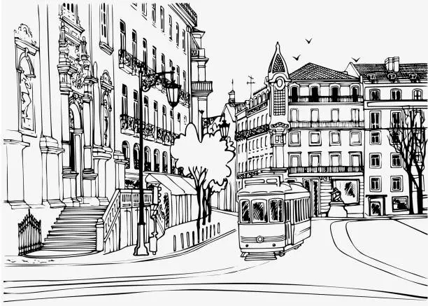 Vector illustration of Old Square in the center of Lisbon with an old tram.