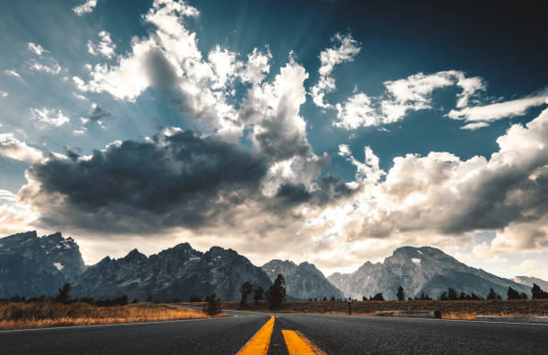 na drodze w parku narodowym teton - valley tree remote landscape zdjęcia i obrazy z banku zdjęć