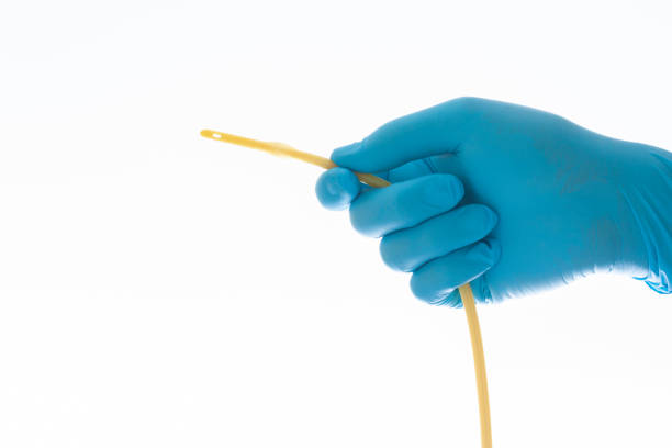 urethral catheter hold on blue glove hand on white background urethral catheter hold on blue glove hand on white background catheter stock pictures, royalty-free photos & images