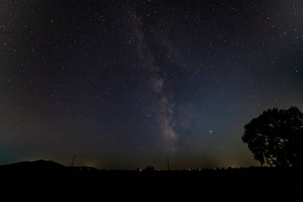 istock the Milky way over a black silhouette horizon with a tree, shot in september. 1172719209