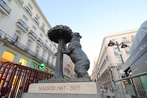 Madrid Spain - May 29, 2019: El Oso y el Madrono, Statue of the bear and the strawberry tree statue Madrid Spain