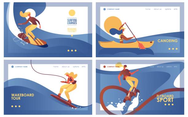 kolekcja poziome banery o sportach ekstremalnych wody, takich jak surfing, kajaki, wakeboarding i flyboarding. szablony stron docelowych dobre dla nagłówków i stron internetowych do aktywności morskiej i wypoczynku - rowboat nautical vessel river mid air stock illustrations