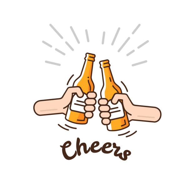 Two hands clink bottles with beer. Beer background concept for banners, posters, flyers and promotional material. People in the pub clink mugs of beer. Friends having fun at the party. day drinking stock illustrations