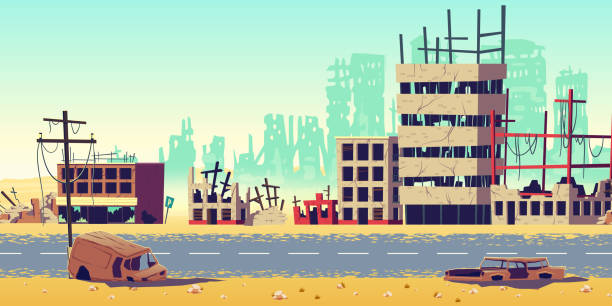 City in war zone cartoon vector background Destruction in war zone, natural disaster or cataclysm consequences, post-apocalyptic world cartoon vector concept. City ruins with destroyed, abandoned buildings, burned cars on streets illustration demolished illustrations stock illustrations