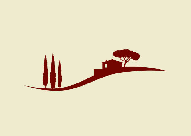 illustrazioni stock, clip art, cartoni animati e icone di tendenza di rurale italiano toscana vettore silhouette illustrazione paesaggio con cipressi e cottage - italian house