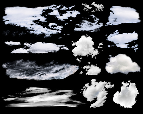 Set of cumulus and cirrus clouds isolated on black background