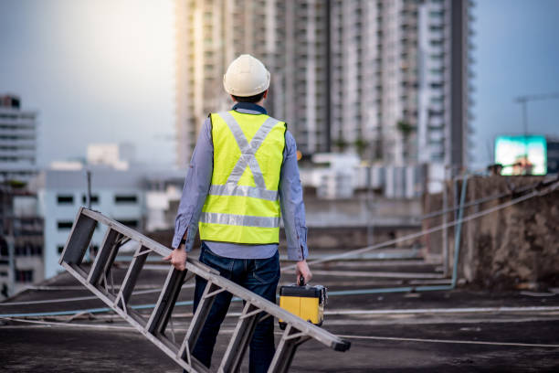 istock Worker man carrying aluminium ladder and tool box 1172728798
