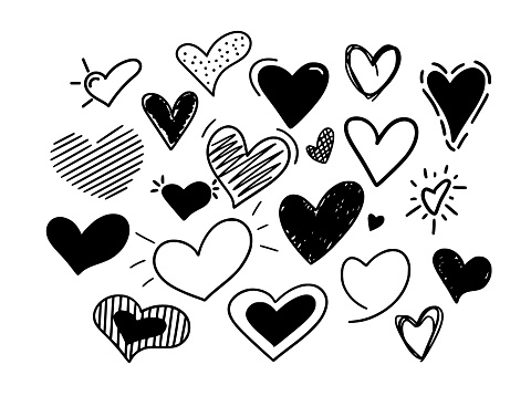 Hand-drawn vector hearts big set. Childish doodles for weddings. love and affection signs