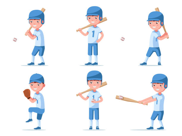 Set of boy baseball player in sports uniform Set of boy baseball player in sports uniform. A group of a small child in baseball ammunition plays with a bat and a ball. Vector illustration isolated on white, flat style. men baseball baseball cap baseball bat stock illustrations