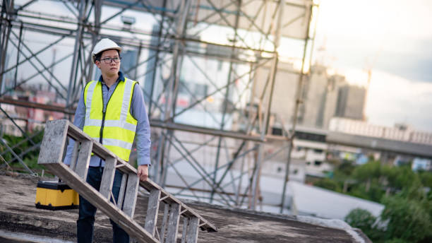 istock Worker man carrying aluminium ladder and tool box 1172732131