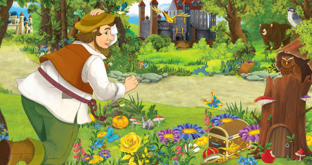 istock cartoon scene with older man farmer or hunter in the forest encountering two castles 1172732970