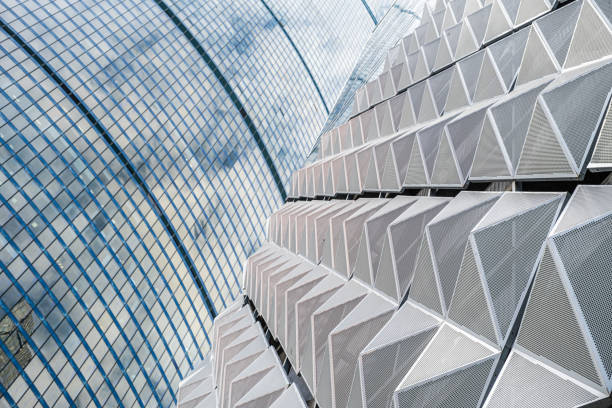 Modern office building with angular / rhombus structure of cells. Reworked abstract architecture photo.