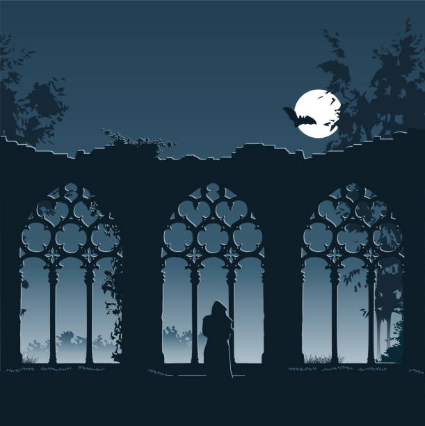 vector image with monk in front of abbey ruin halloween vector illustration with bat, ruin of a gothic abbey and a monk at night Abbey stock illustrations