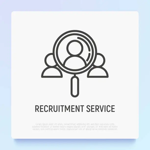 Vector illustration of Recruitment service thin line icon: looking for employee with magnifier. Modern vector illustration.